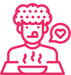 Pink customer icon eating hot food